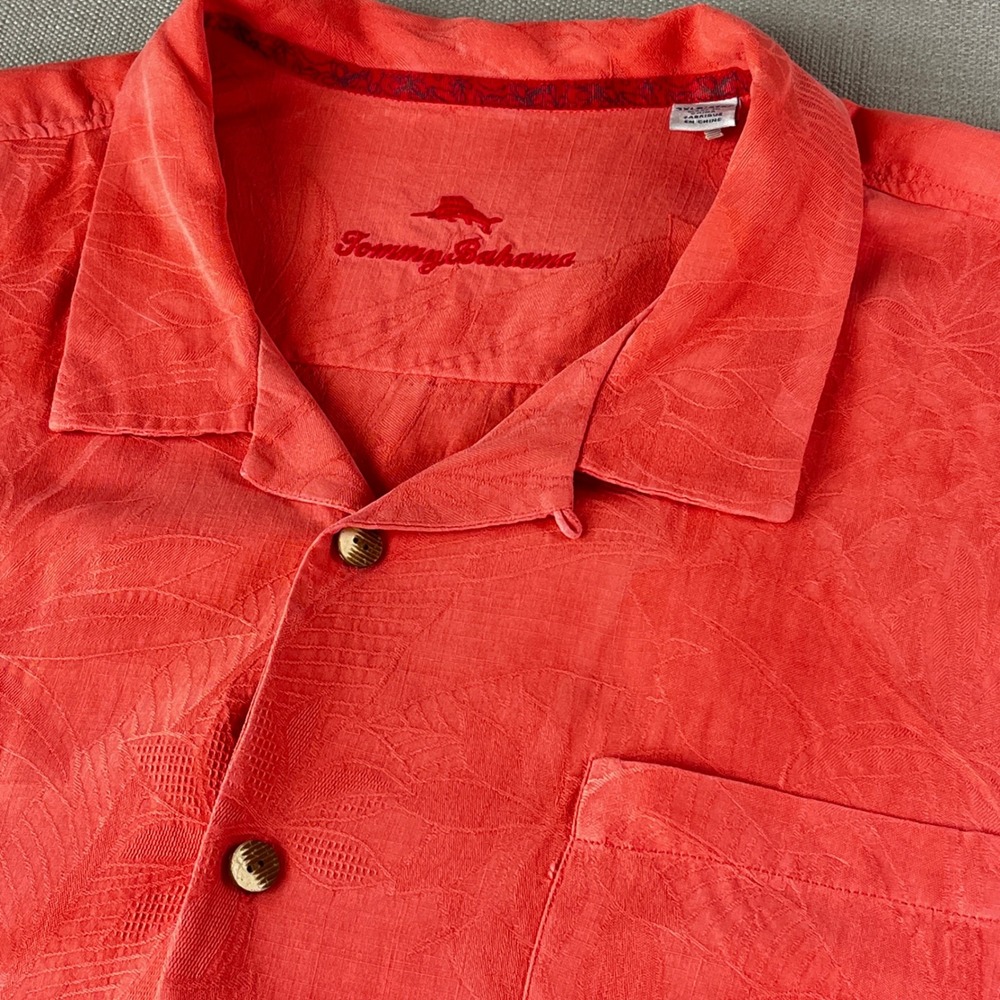 Tommy Bahama Silk Button Up Shirt Mens 3XLB Orange Tropical Leaf Jacquard Camp